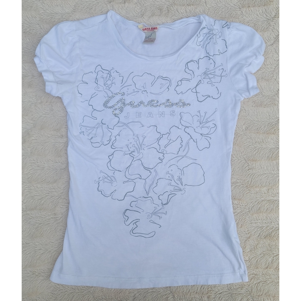 Guess Jeans tropical white fitted rhinestoned top